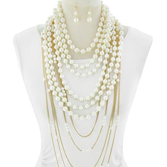 Lightweight Statement Multi Layered Strands of Faux Pearls in Gold Tone Necklace - Picture 1 of 5